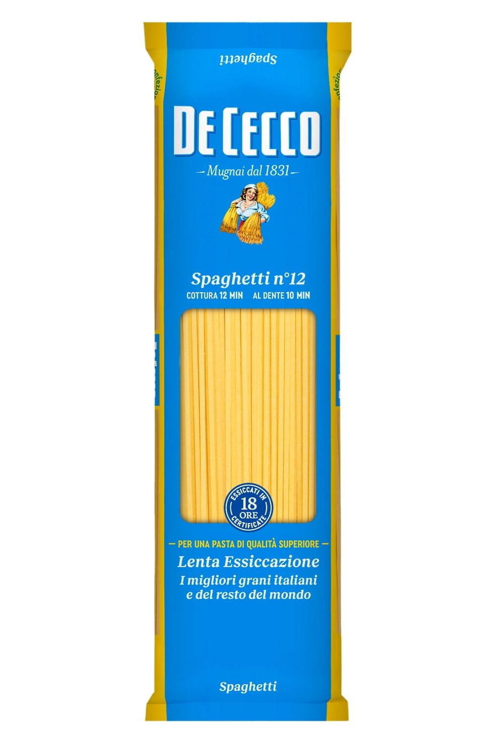 De Cecco Spaghetti n°12, pasta de trigo duro 24 x 500 g - trefilado de bronce, secado lento ~18 h, textura rugosa - cocción 12 min (al diente 10 min) - Fabricado en Italia + Italian Gourmet Polpa 400