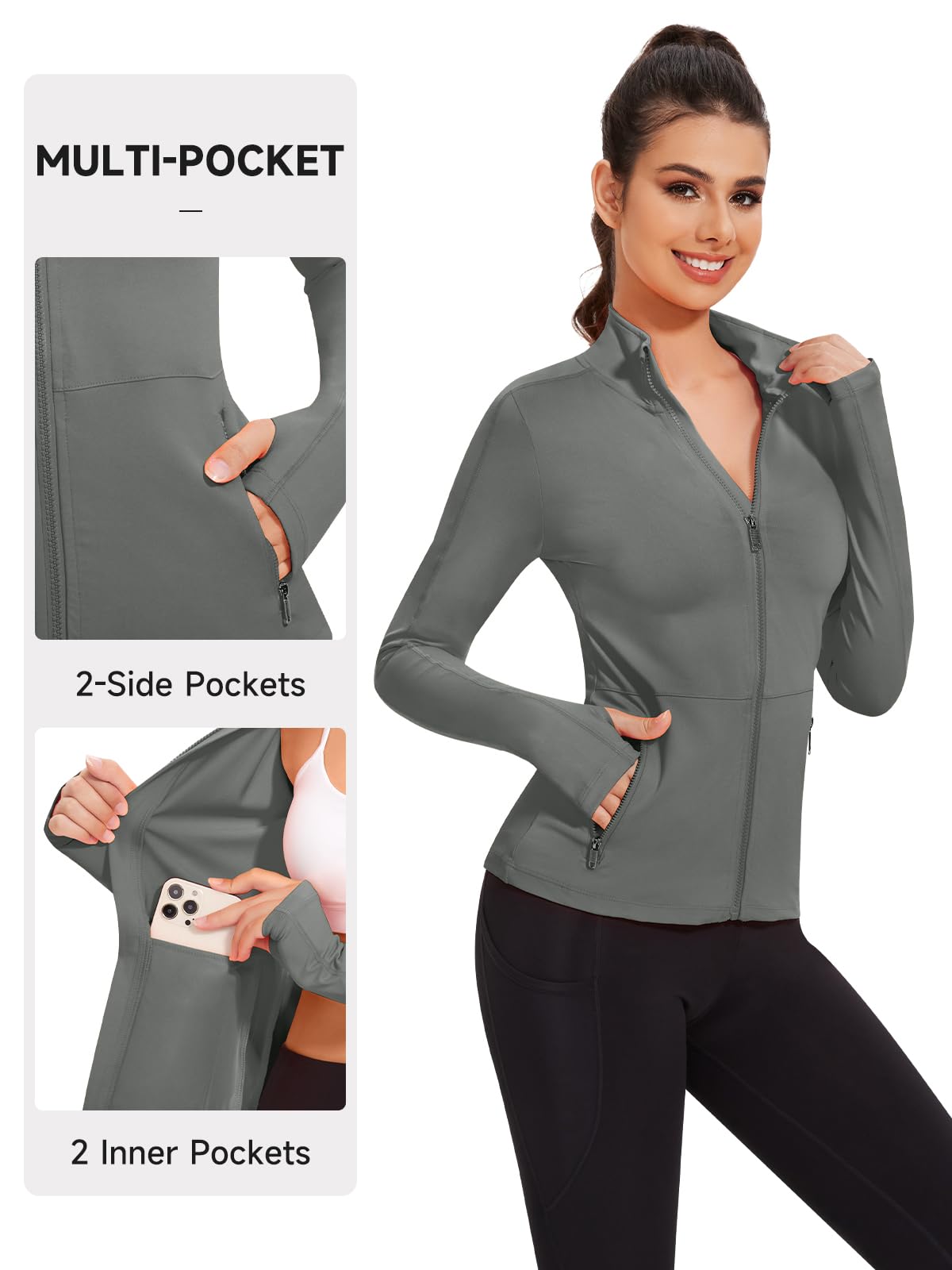 VUTRU Veste de course à pied pour femme - Veste de sport - Manches longues - Veste respirante avec poches - Trous pour les pouces avec fermeture éclair