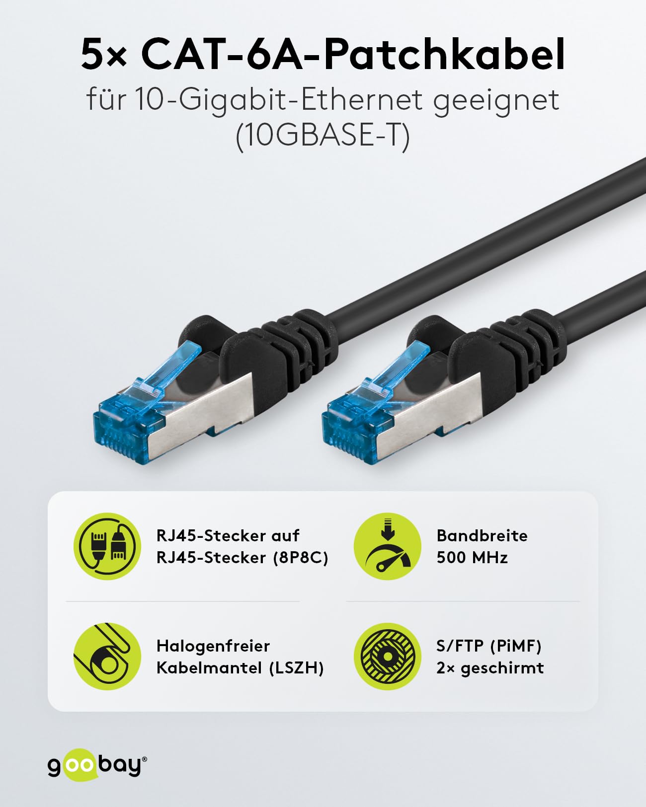 goobay 66042 CAT 6A Network Cable in Set of 5/Patch Cable Shielded S/FTP/CU Ethernet Cable, PiMF - Image 2