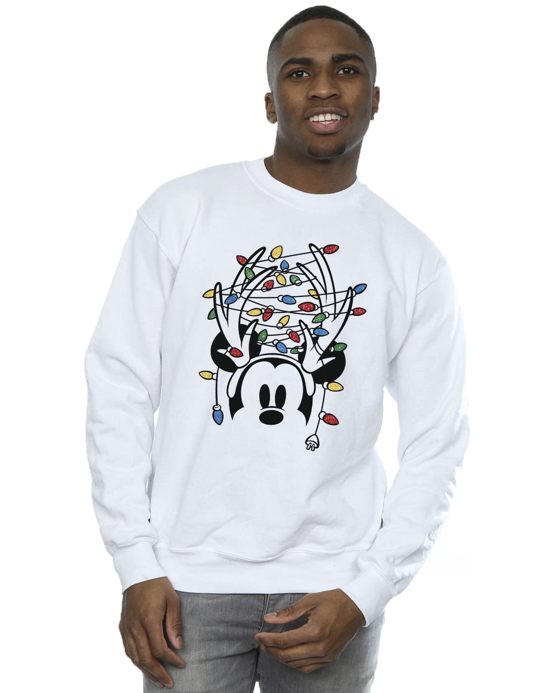 Absolute Cult Men's White Disney Mickey Mouse Christmas Head Lights Sweatshirt Small