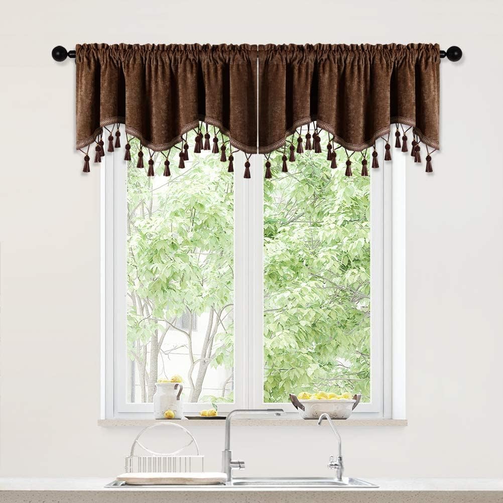 ELKCA Double-Sided Chenille Window Curtains Tier for Kitchen,Rod Pocket,Chocolate Scalloped Valance for Living Room,Pack of 2(Chocolate, 52" W x 18" L)
