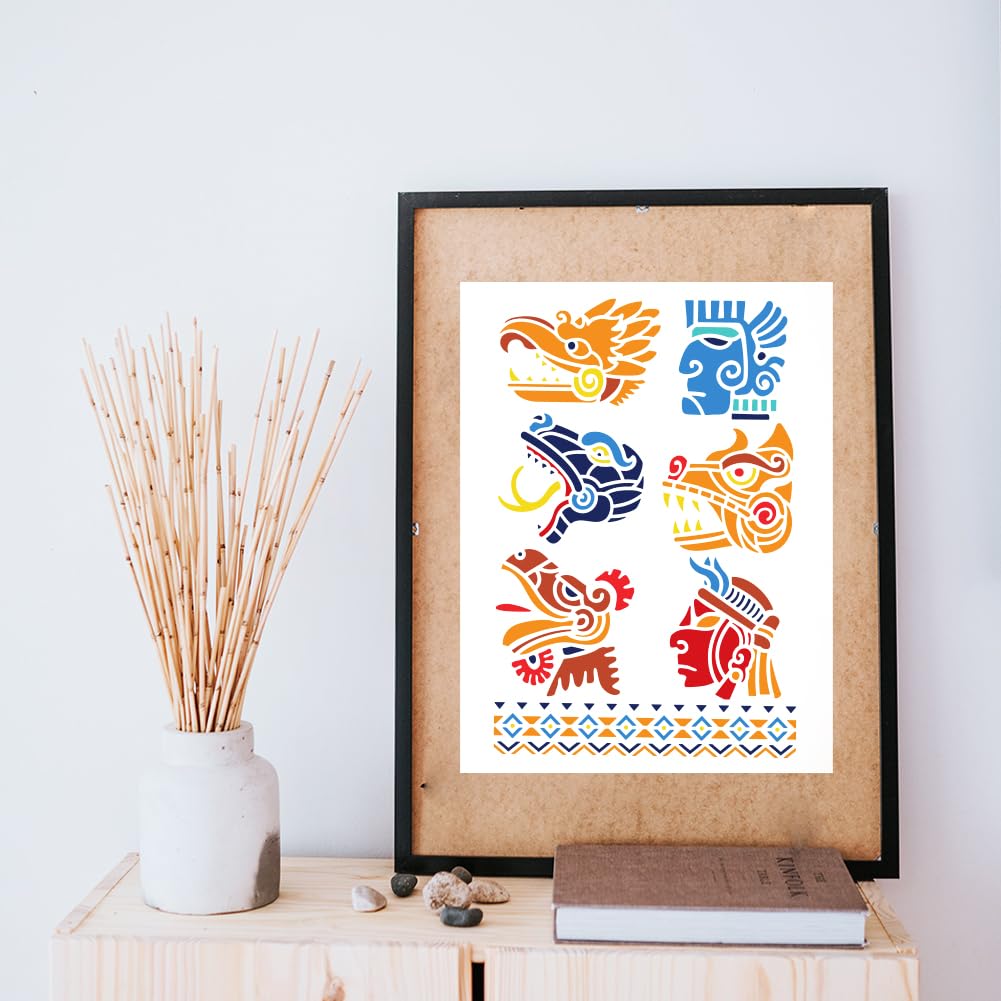 FINGERINSPIRE Mayan Aztec Symbols 8.3x11.7" Plastic Tribal Theme Painting Stencils - Reusable Human Faces, Snakes, Tigers, Dragons and Birds - Image 4