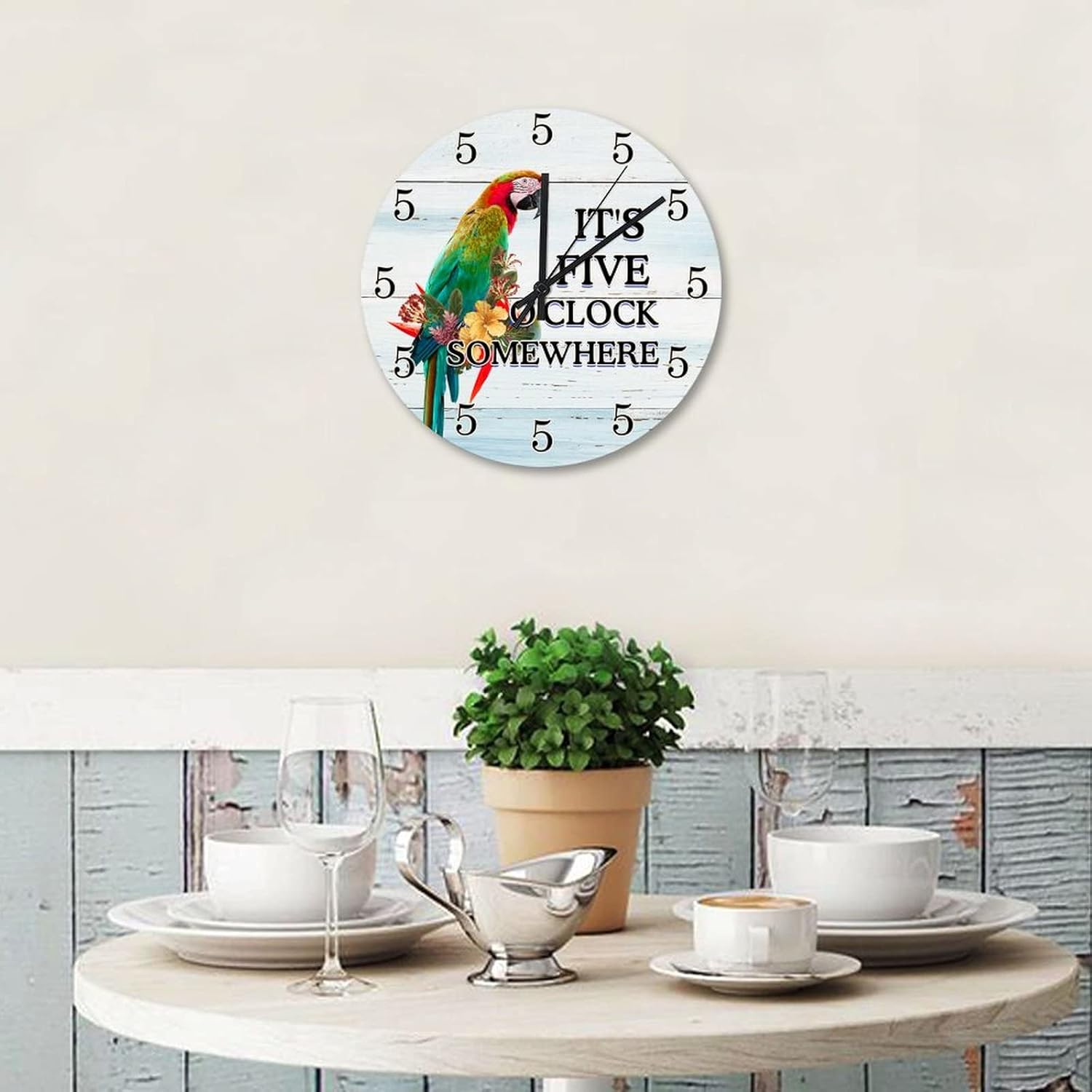It's 5 O'Clock Somewhere Parrot Wall Clock 12 Inch Tropical Flowers Palm Coconut Beach Ocean Island Kitchen Wall Clock Battery Operated Round Clock for Living Room Office