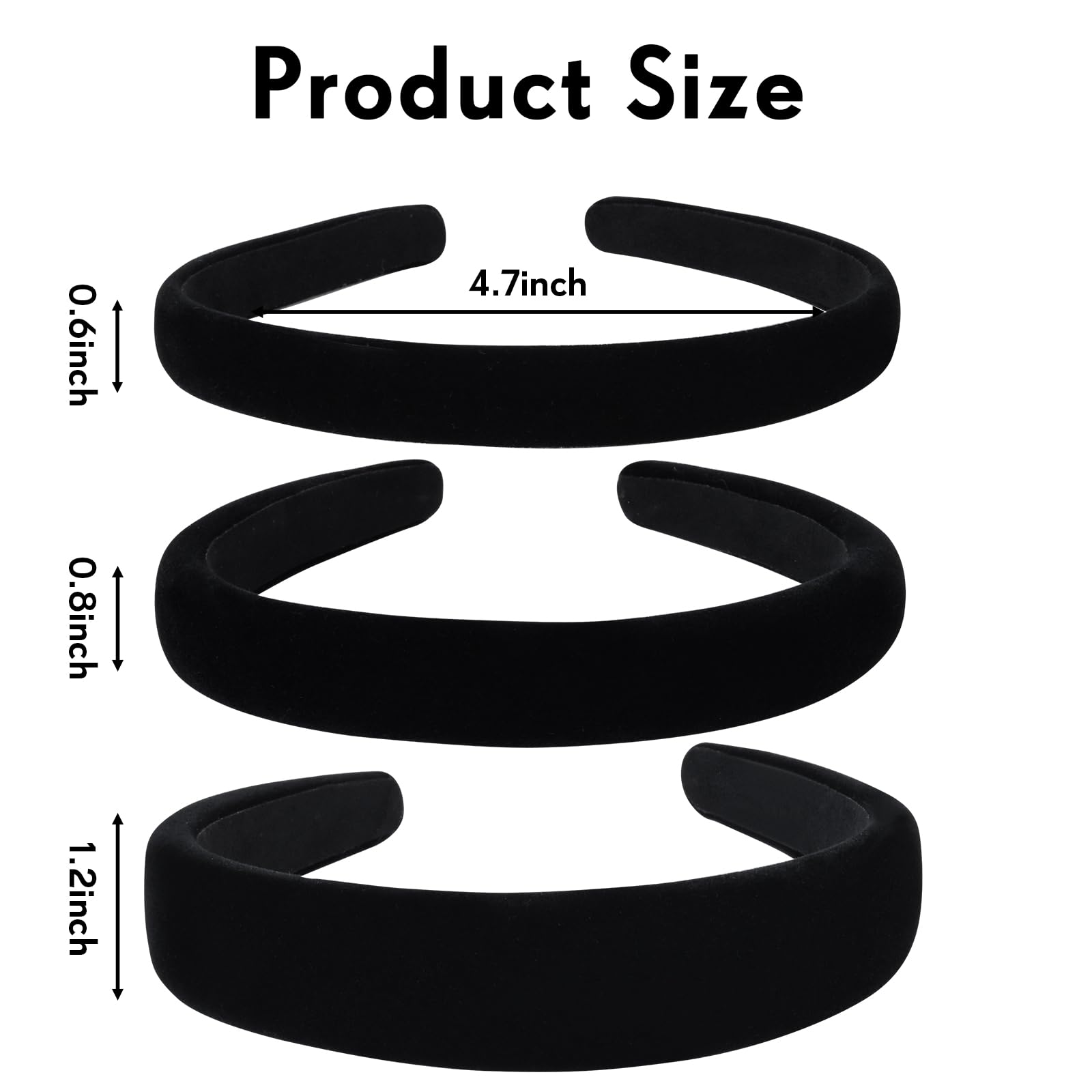 Etercycle Black Headband, 3 Different Width Thick Headbands for Women, Velvet Sponge Hairband Soft Vintage Hair Bands Padded Head Bands Hair Accessories
