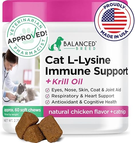 Balanced Breed L-Lysine Cats - Abrigo de piel de apoyo inmunológico para estornudos nariz que moquea ojos llorosos gato multivitamínico omega 3 B12