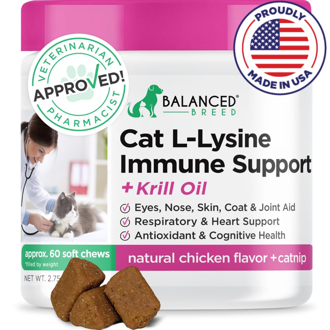 Balanced Breed L-Lysine Cats Immune Support Soft Chews Made in USA Vet-Pharmacist Approved Seasonal Allergy Relief Cat Vitamins Indoor Cats Supplements Krill Oil Asthma Relief Cat Lysine Treats NonGMO