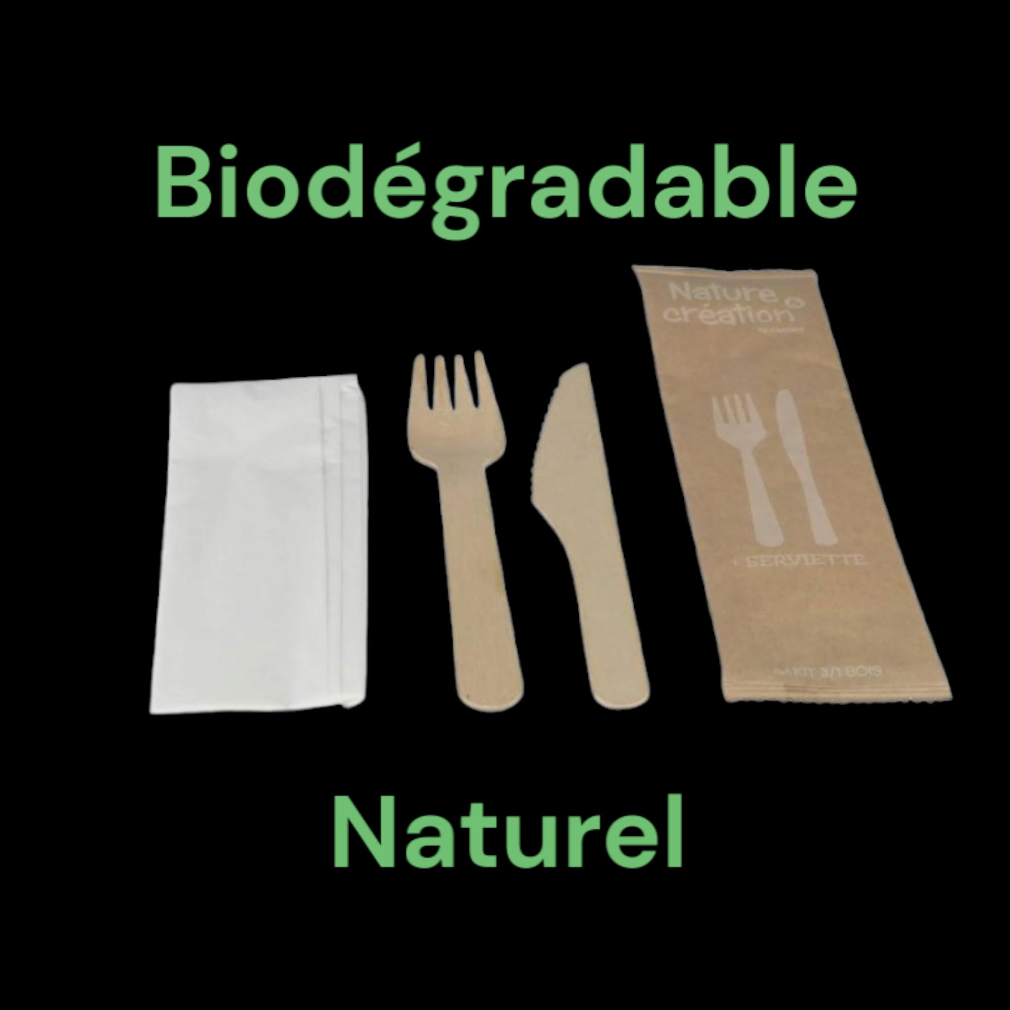 250 kits Couverts 3 en 1: Bois de Bouleau Naturel et Biodégradable - Fourchette, Couteau et Serviette