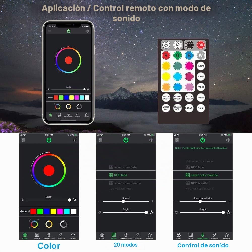 CHINLY Bluetooth Meteor 16W RGBW Twinkle APP LED Fibra óptica Star Techo Luces Kit APP Mixto 400pcs + 8pcs = 408pcs Fibra óptica de 3m + Motor de estrella fugaz + Adaptador + Hogar/Coche