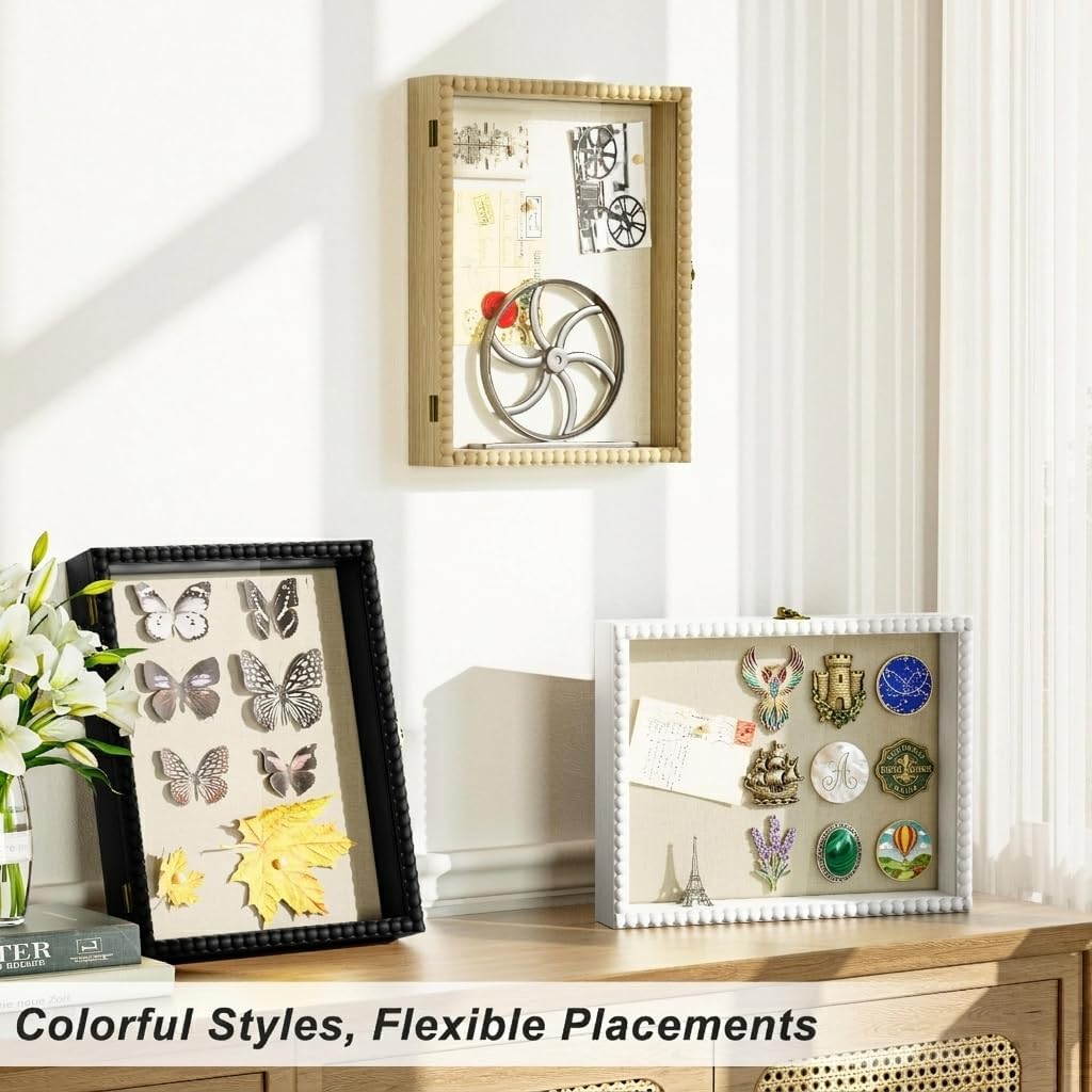 Love-KANKEI Shadow Box Frame 11x14, Deep Large Shadow Box Display Case with Unique Beads Door and Glass Window, Wood Memory Box for Pictures,Medals,Memorabilia,Collections Natural