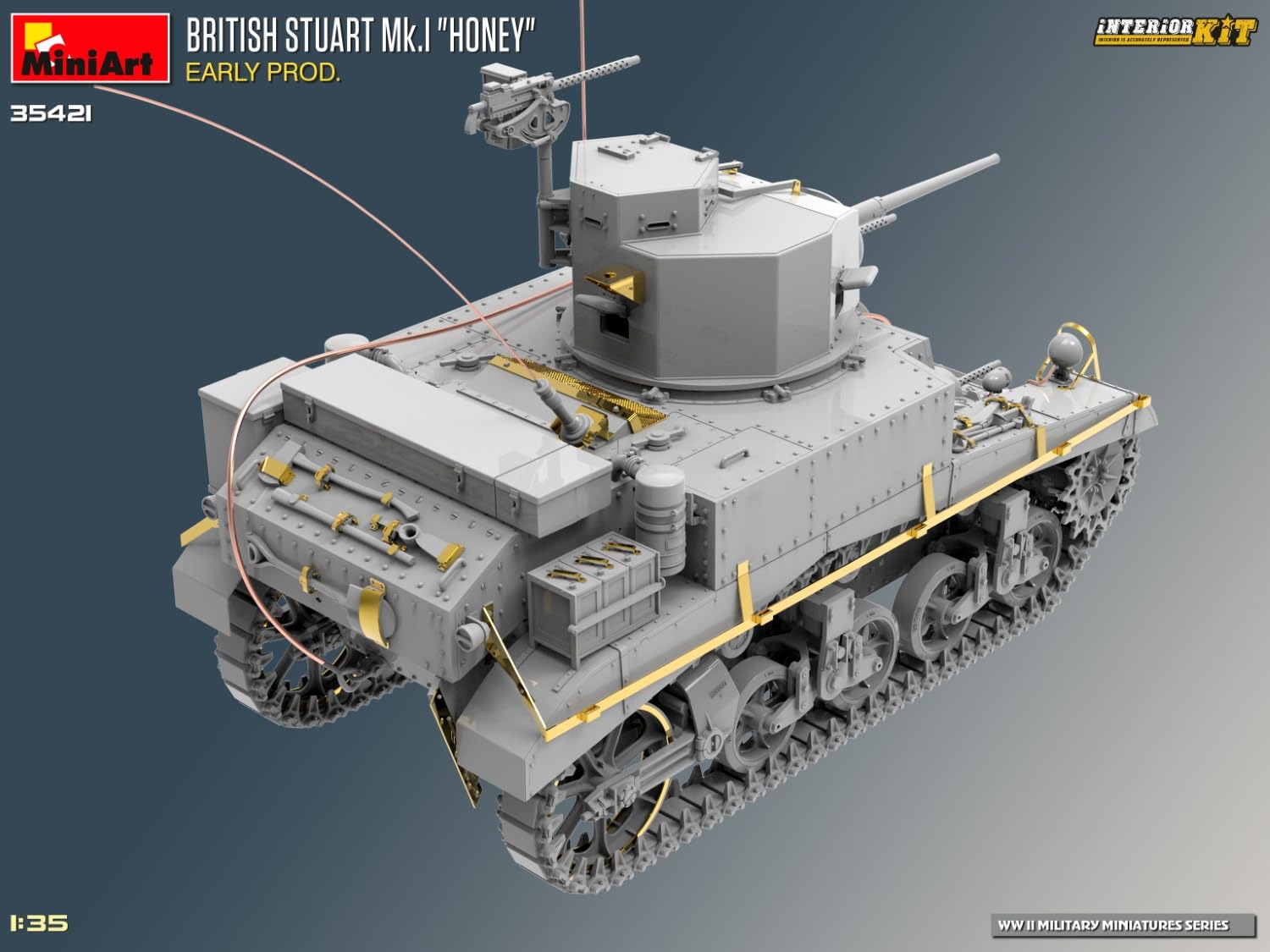 MiniArt 35421 1:35 Brit. Stuart Mk.I con interno – riproduzione fedele all'originale, modellismo, kit di costruzione in plastica, artigianato, hobby, incollaggio, modellismo, assemblaggio, non