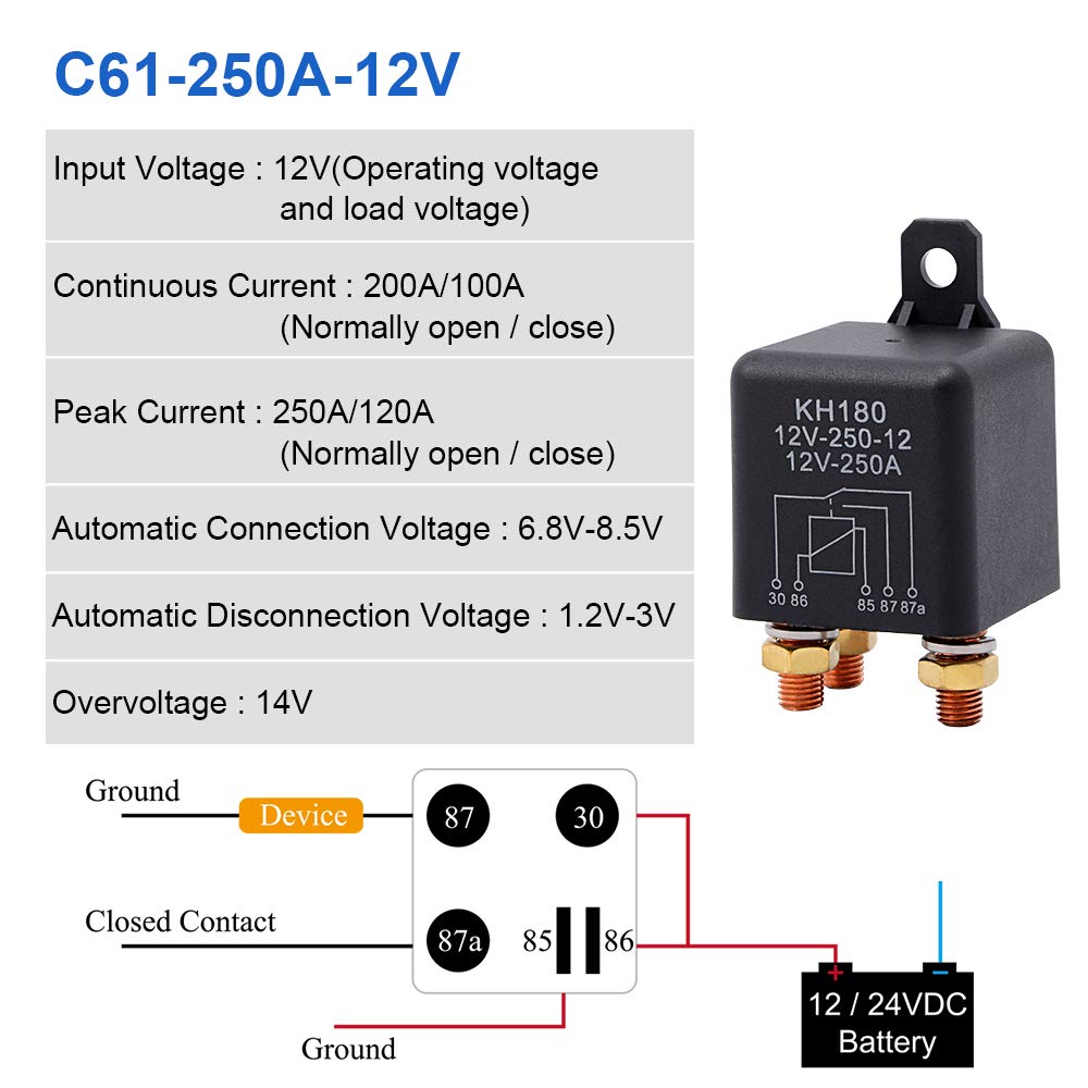 EHDIS Przekaźnik 5 Pin 12V 250A, Wielofunkcyjny przełącznik akumulatorowy Kfz-Starter do samochodu
