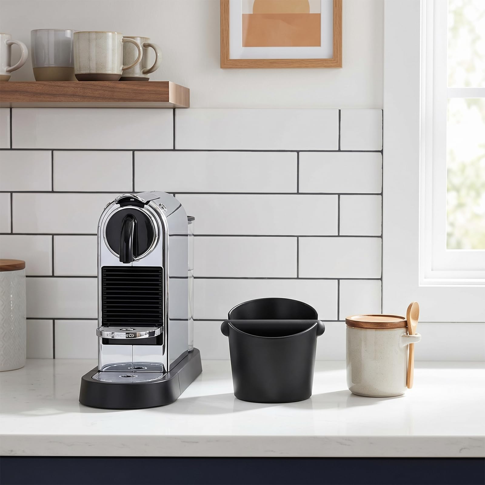 Ideal Swan Abklopfbehälter für Siebträger, Knock Box Barista Zubehör | Kaffeesatz Abschlagbehälter Espresso, Klopfbox Abschlagbox mit Abnehmbarer Klopfstange Silikon, Rutschfest & Geräuschdämpfend