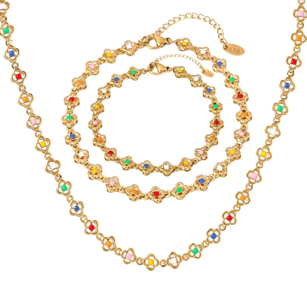 VEWIUNRENA New 2026 Unisex Stainless Steel Necklace Bracelet Anklet For Women 18K Gold Plated Multi Color Enamel Women's Necklaces Bracelets Jewelry