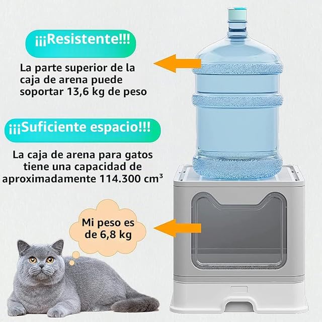 Foto 6 de 8 de Bandeja de arena cerrada para gatos, casa de aseo con bandeja extraíble, pala, cepillo, capacidad de 15 kg