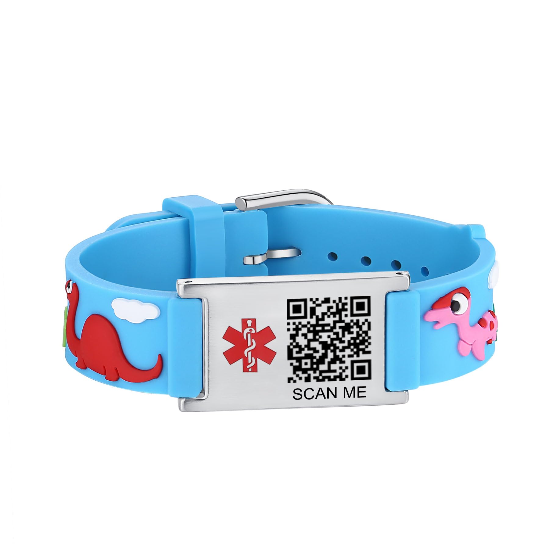 LinnaLove Medical Alert ID Bracelet – Custom or Pre-Engraved, QR Code Available,Blue Dinosaur Band