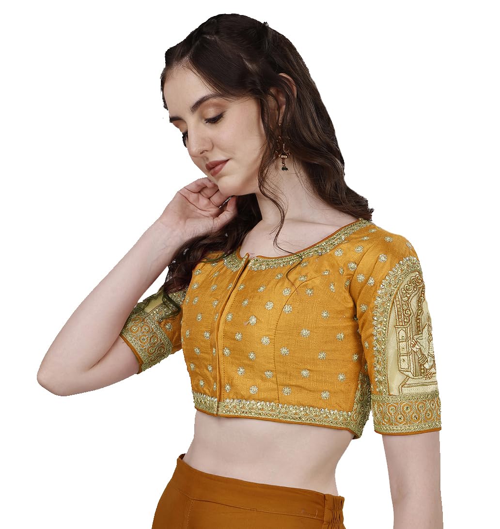 Pujia Mills Women's Heavy Embroidery Coding With Sequins And Diamond Work Half Sleeves Fancy Cutwork Readymade Saree Blouse.(Palace Yellow_38)