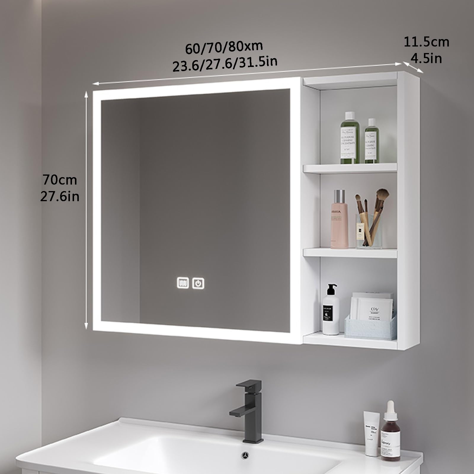 Lustro łazienkowe LED z szafką do przechowywania, przeciwmgielne, inteligentne lusterko do makijażu, do szafki na lekarstwa, aluminiowe, nowoczesne, do użytku domowego