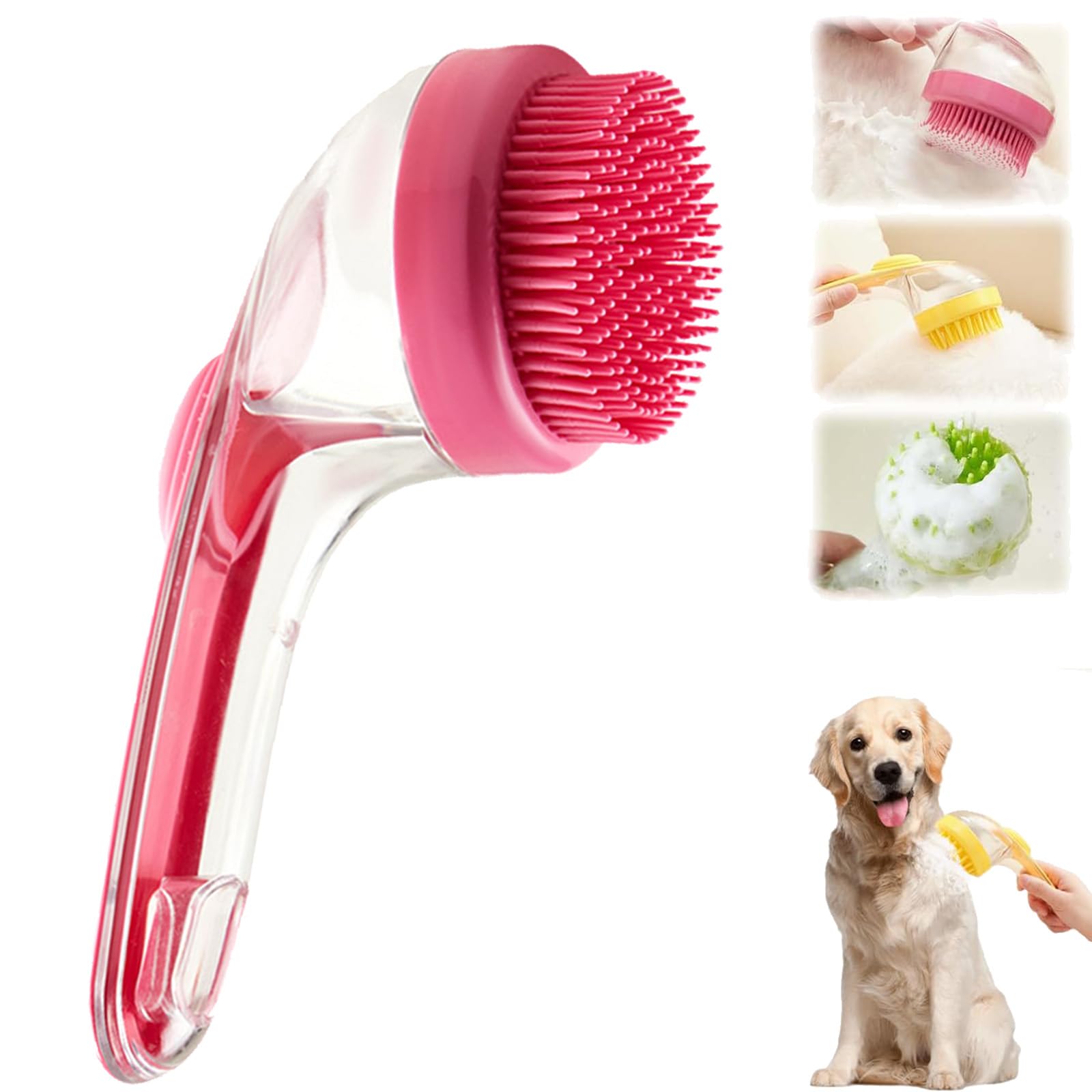 ZANWANXIN Pet Bath Brushs with Soap Dispenser,Hair Brush Pet Bath Brush with Shampoo Dispenser, French Bulldog Bathing Brushs (Red, Fine bristle brush)