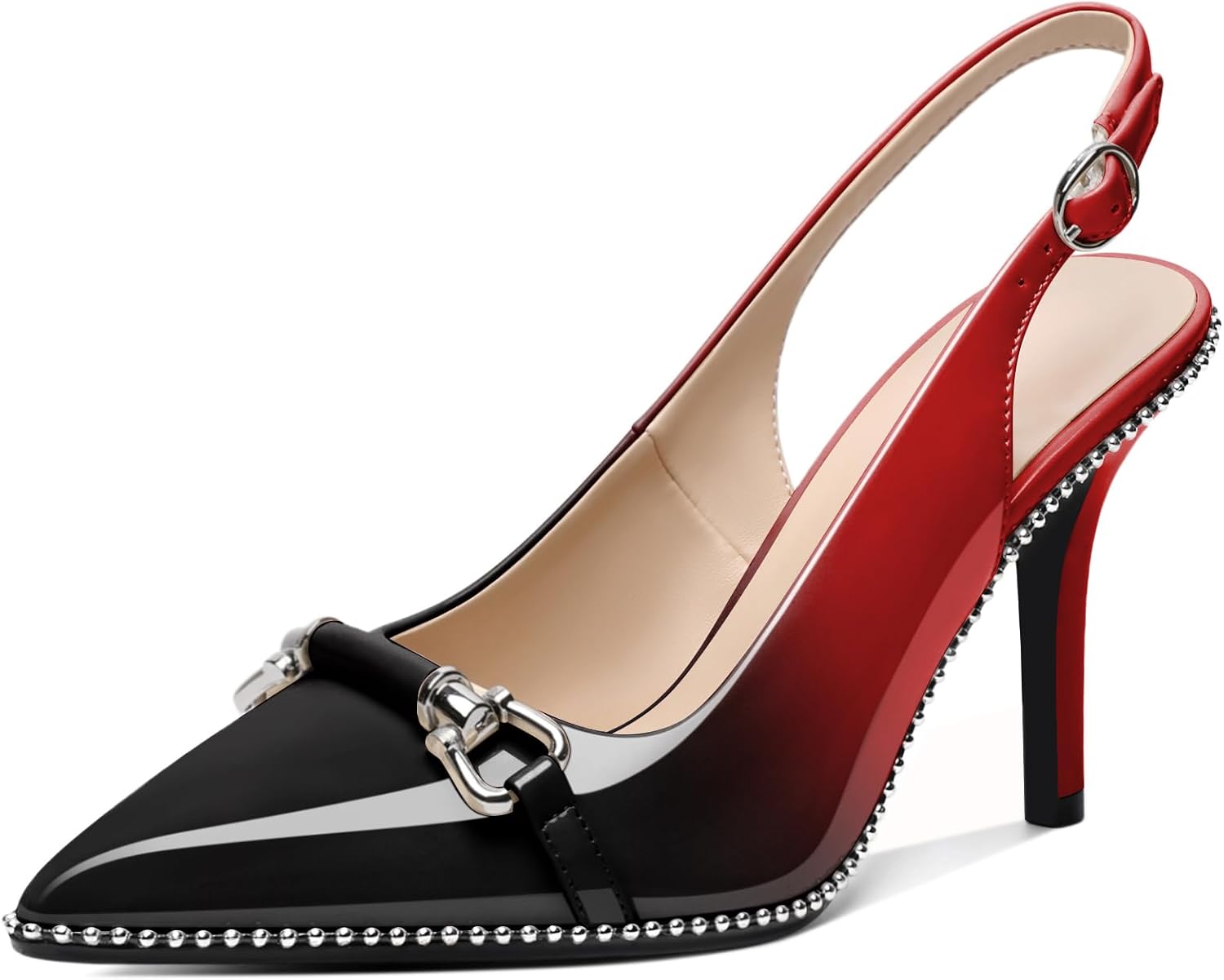 AUMOTED Women Beaded Pumps Slingback High Heel Stilettos Pointed Toe Shoes Slip On 3.5 Inch Ankle Strap Adjustable Patent Leather US Size 5-13