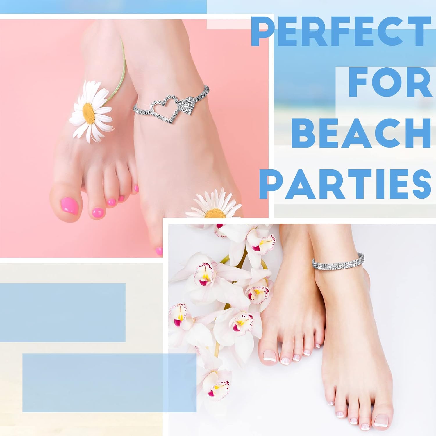 Laumoi 6 Pcs Ankle Bracelets for Women Christmas Rhinestone Stretch Anklet Heart Ankle Bracelets Anklet Jewelry Crystal Foot Chain(Silver, Heart Style) - Image 6