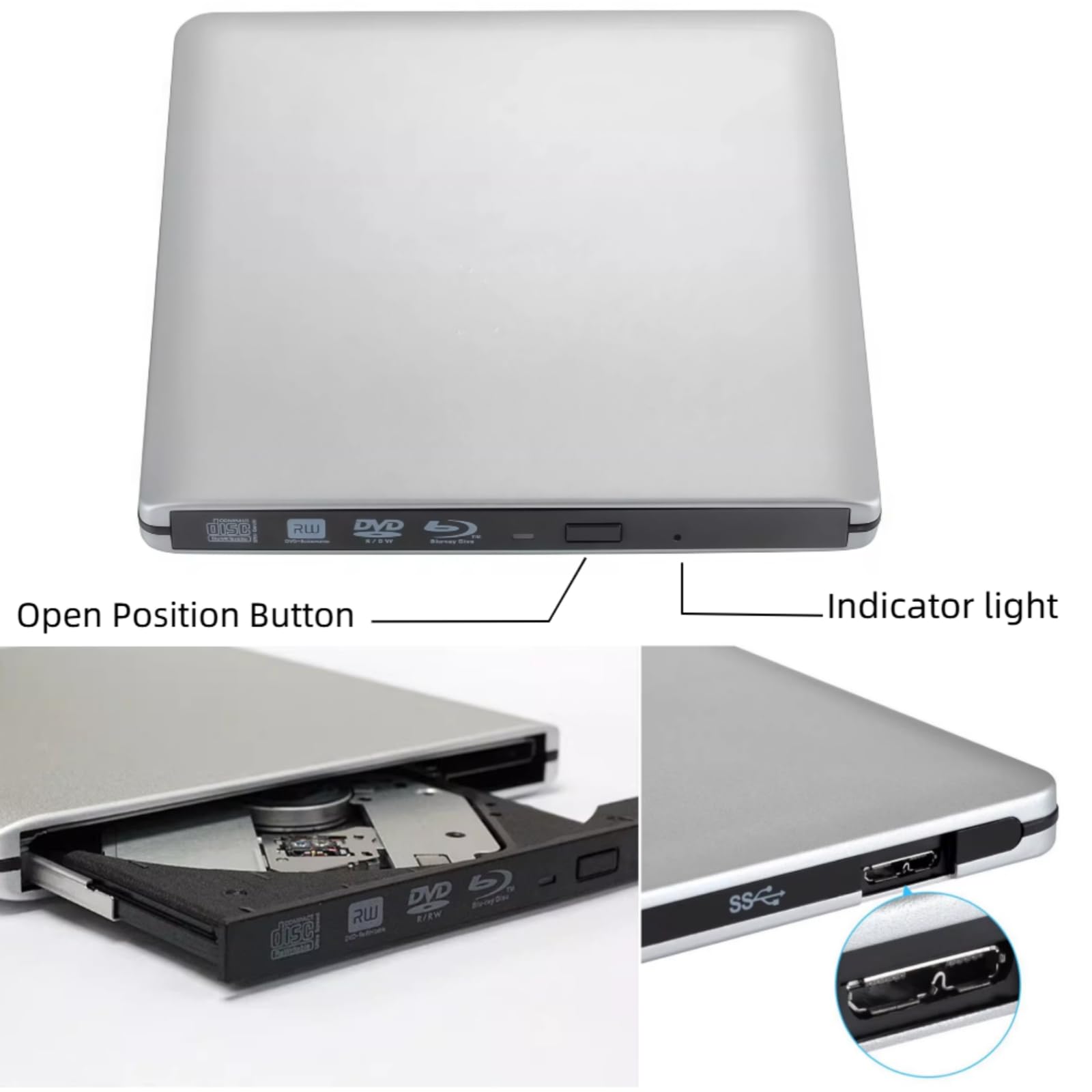 JOTEC Unità Blu-Ray esterna in alluminio 4K UHD, masterizzatore Blu-ray 4K USB 3.0 e tipo C, doppia interfaccia, compatibile con tutti i modelli PC e Mac surpport 100 GB 128 GB