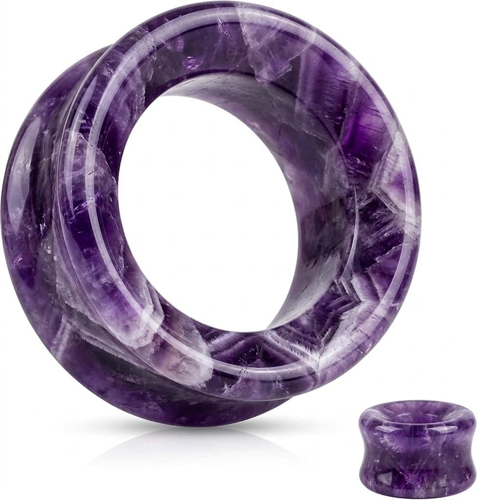 Hollow Tunnels Purple Amethyst Organic Stone Ear Plugs Gauges Sold in Pairs