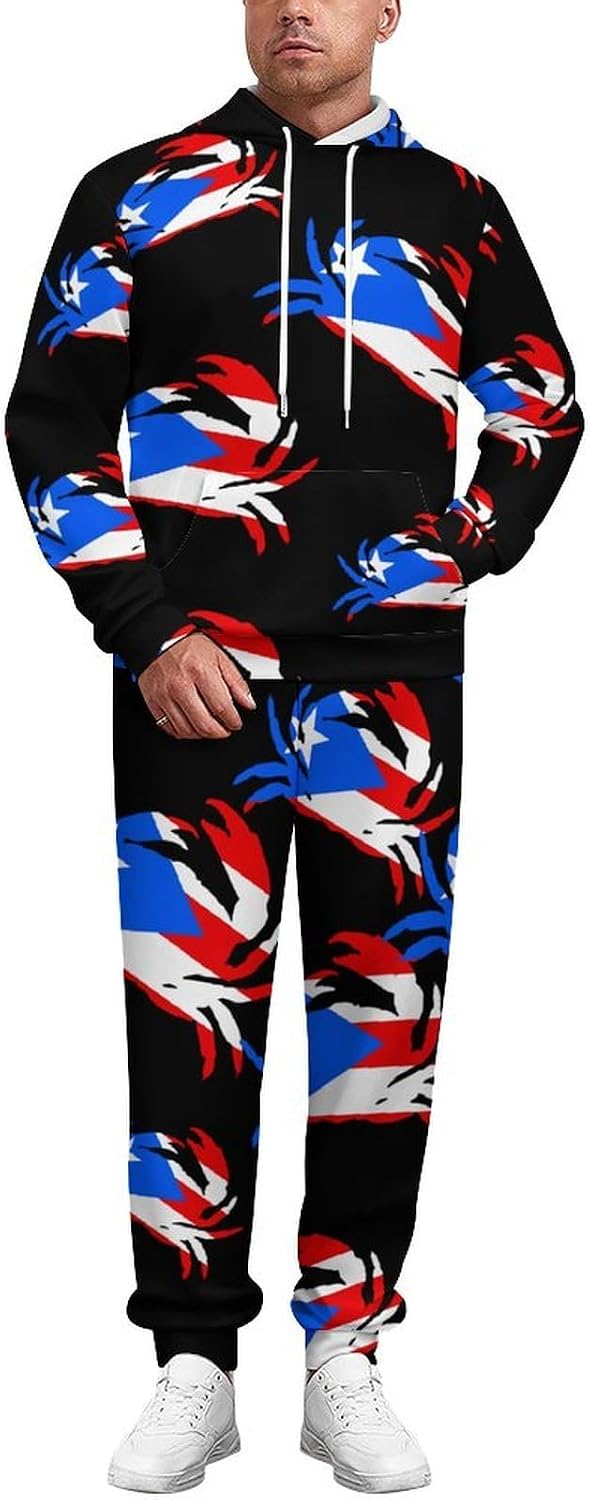 P.R. Crab Puerto.Rico Flag Sweatshirts for Men Two Piece Casual Hoodie Tracksuit Jogger Pants