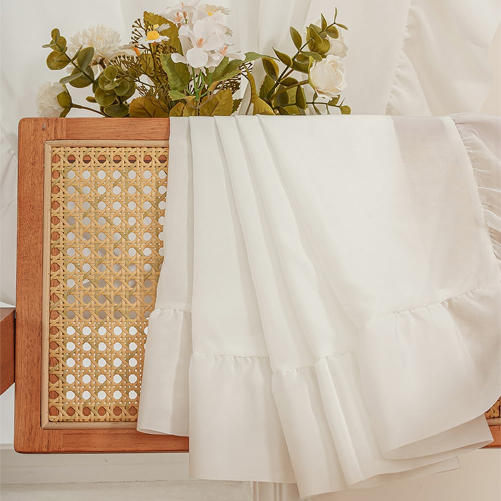 Weiß Rüschenn Gardinen Transparent für Schlafzimmer Wohnzimmer,Französisch Landhausstil Ruffled Vorhänge Durchsichtig Dekovorhang Romantisch 2 Stück 140x220