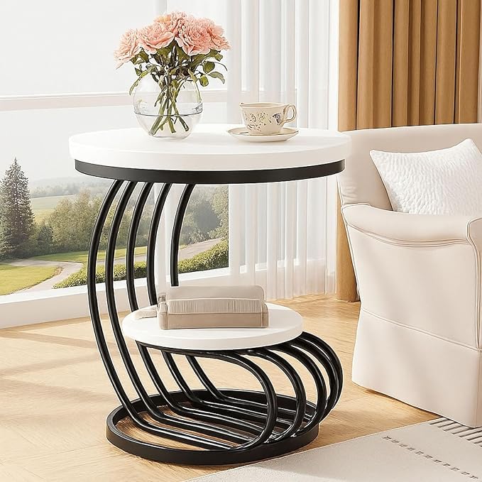 - VIPRADHANRound Nesting Coffee Table Set with White Marble Top and Gold Metal Frame, 2-Tier Side Table for Living Room (White & Black)