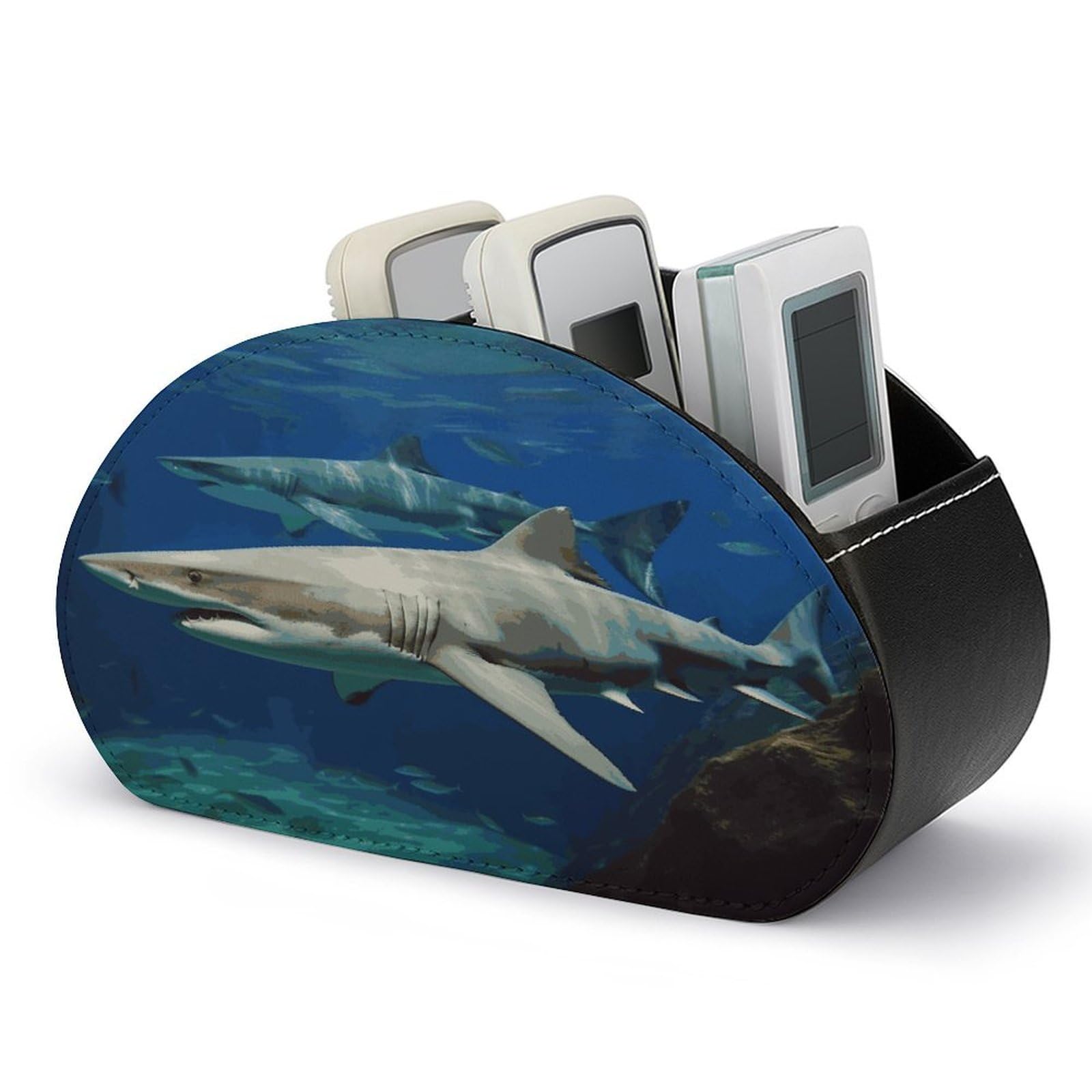 FekiLoot Two White Sharks Remote Control Holder, PU Leather Remote Control Organizer Box Stationery Remote Control Box Desk Storage Organizer for DVDs,Glasses,Pens,Media Players