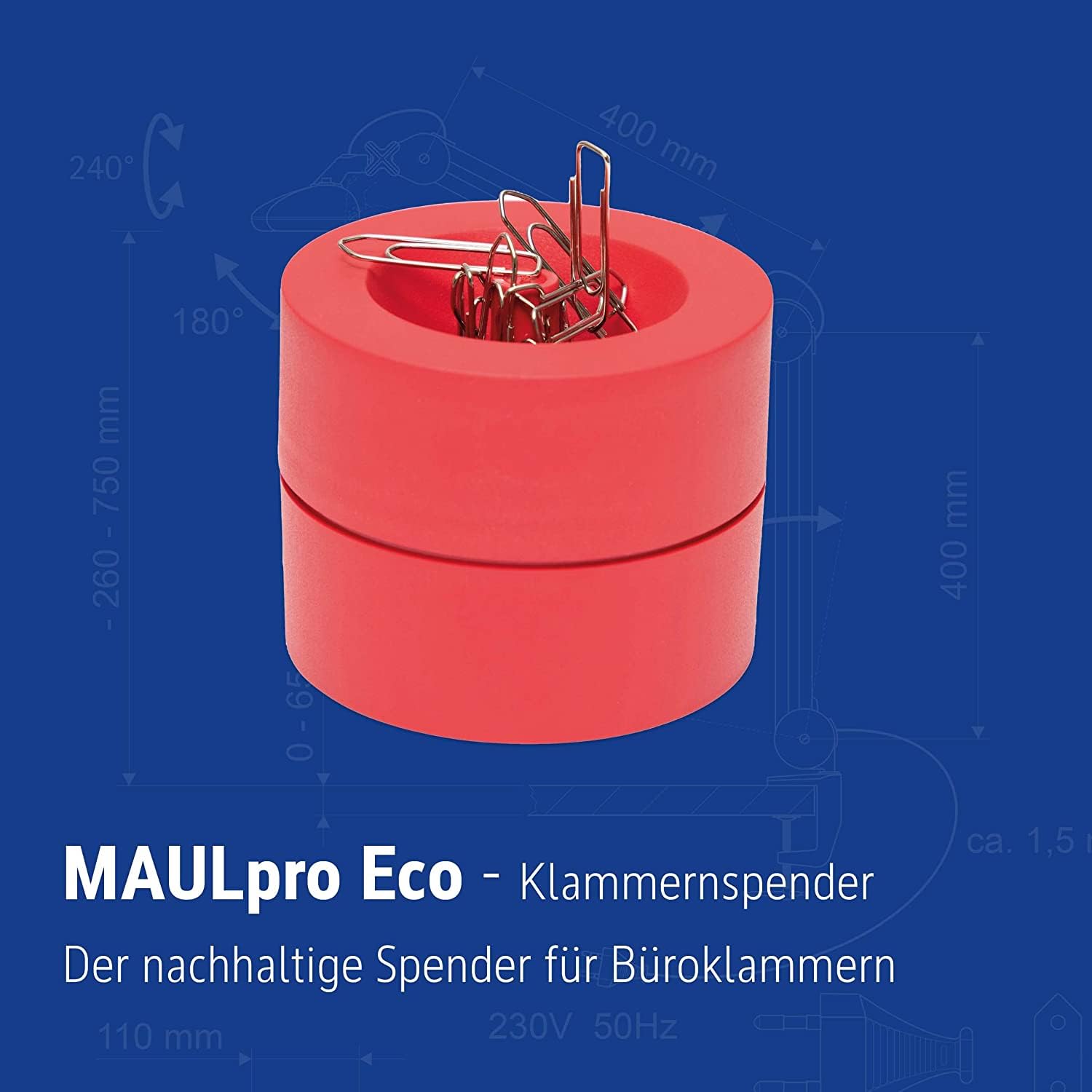 MAULpro Eco Staple Dispenser - Sustainable Desk Organizer With Magnet For Paper Clips (Red)
