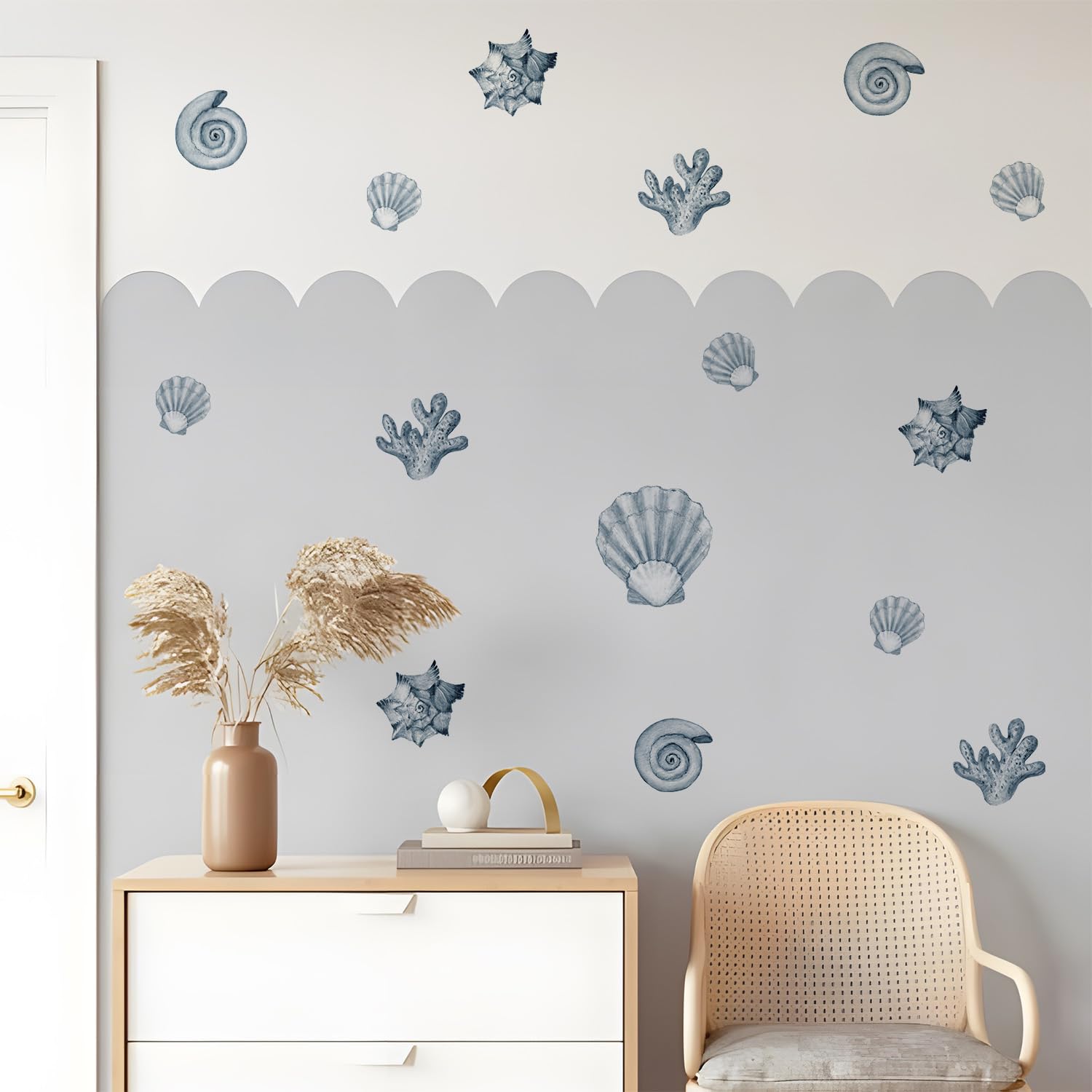 Alwayspon Watercolor Blue Shell Art Wall Decals, Peel and Stick Wall Stickers for Living Nursery Room Bedroom Wall Decor