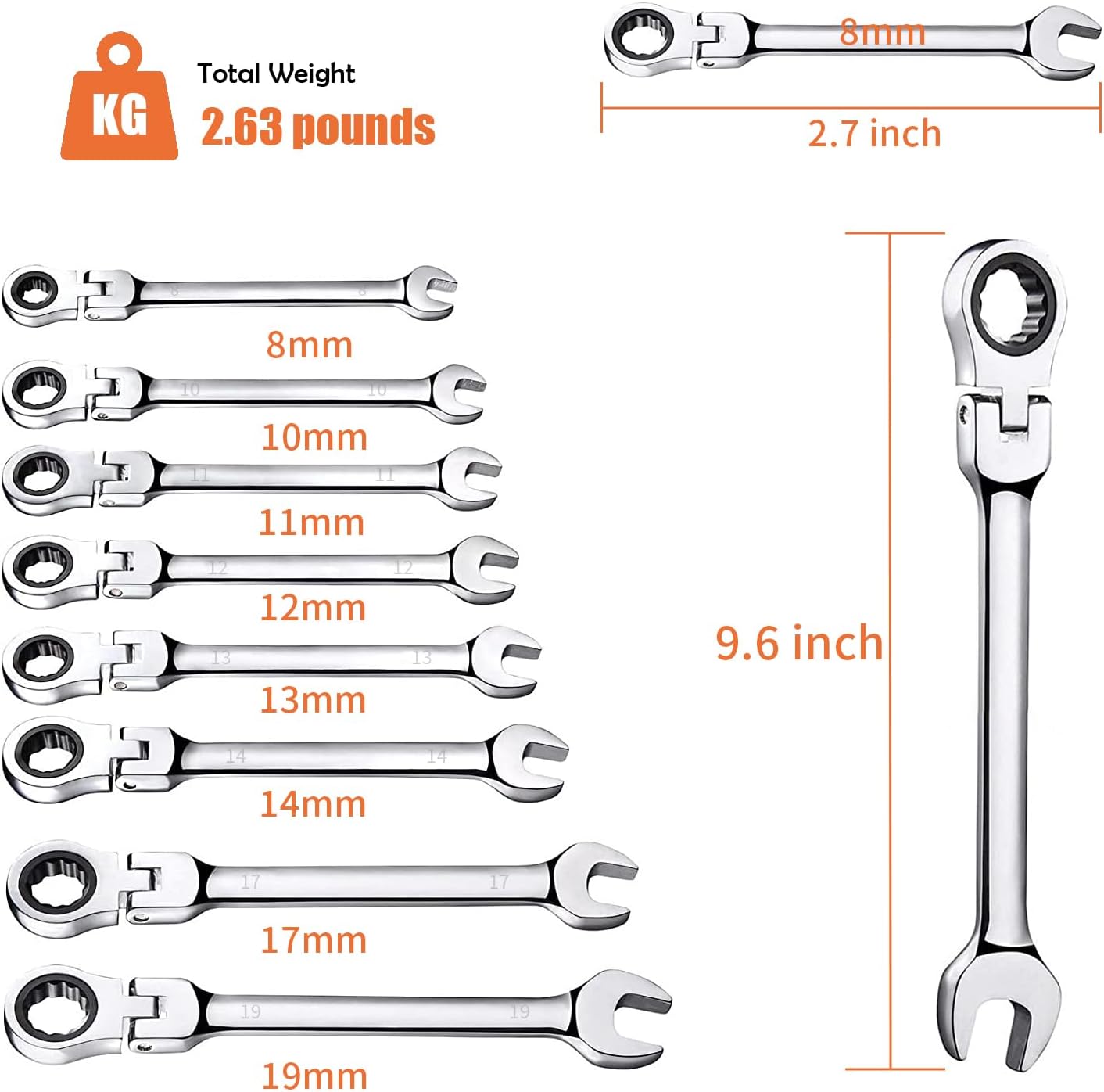 8 Piece Flex-Head Ratcheting Combination Wrench Set, 8-19mm Metric Chrome Vanadium Steel Spanner, Gear Ring Ratchet Wrenches with Rolling Pouch