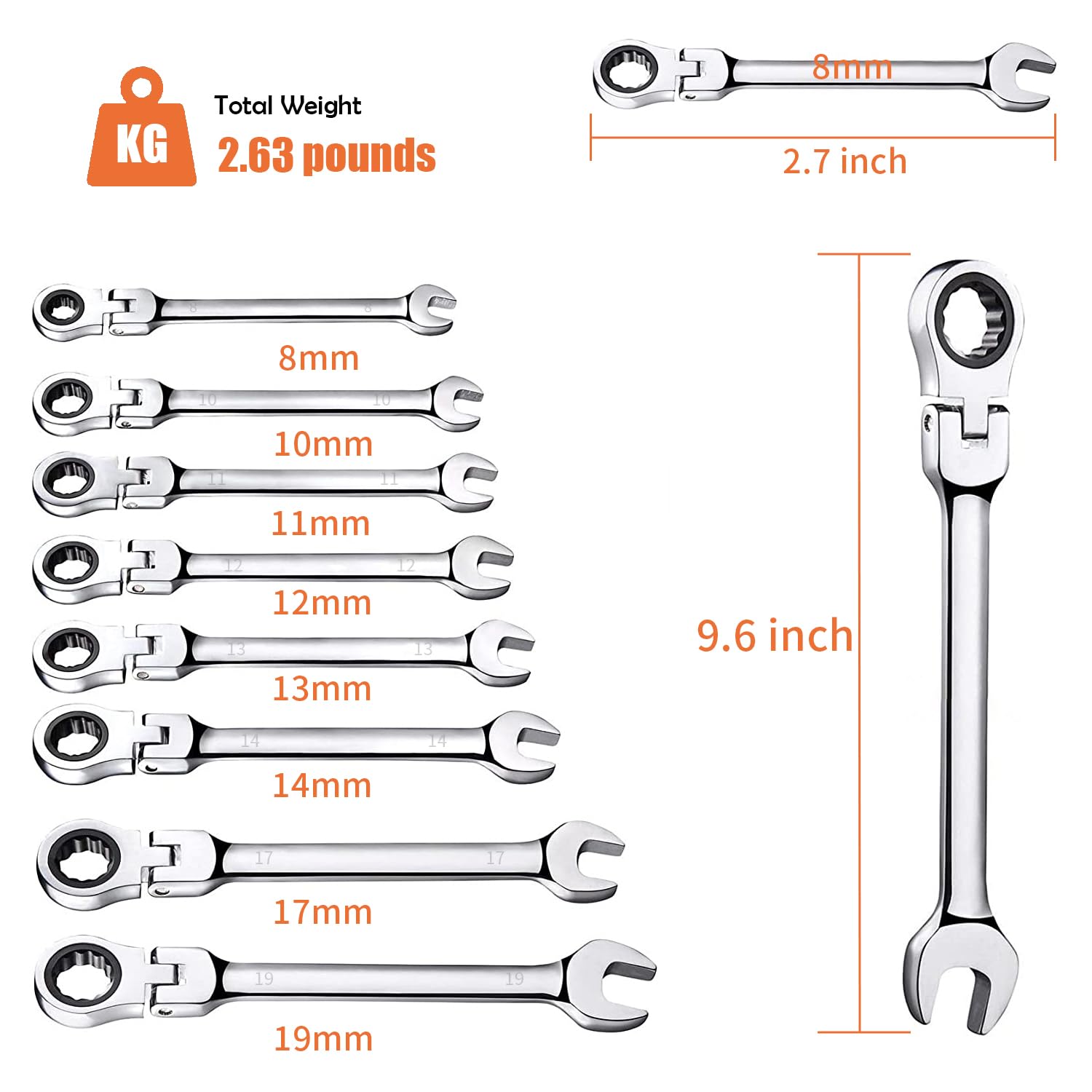 Juego de 8 llaves combinadas de trinquete de cabeza flexible, llave métrica de acero al cromo vanadio de 8 a 19 mm, llaves de trinquete de anillo de engranaje con bolsa rodante