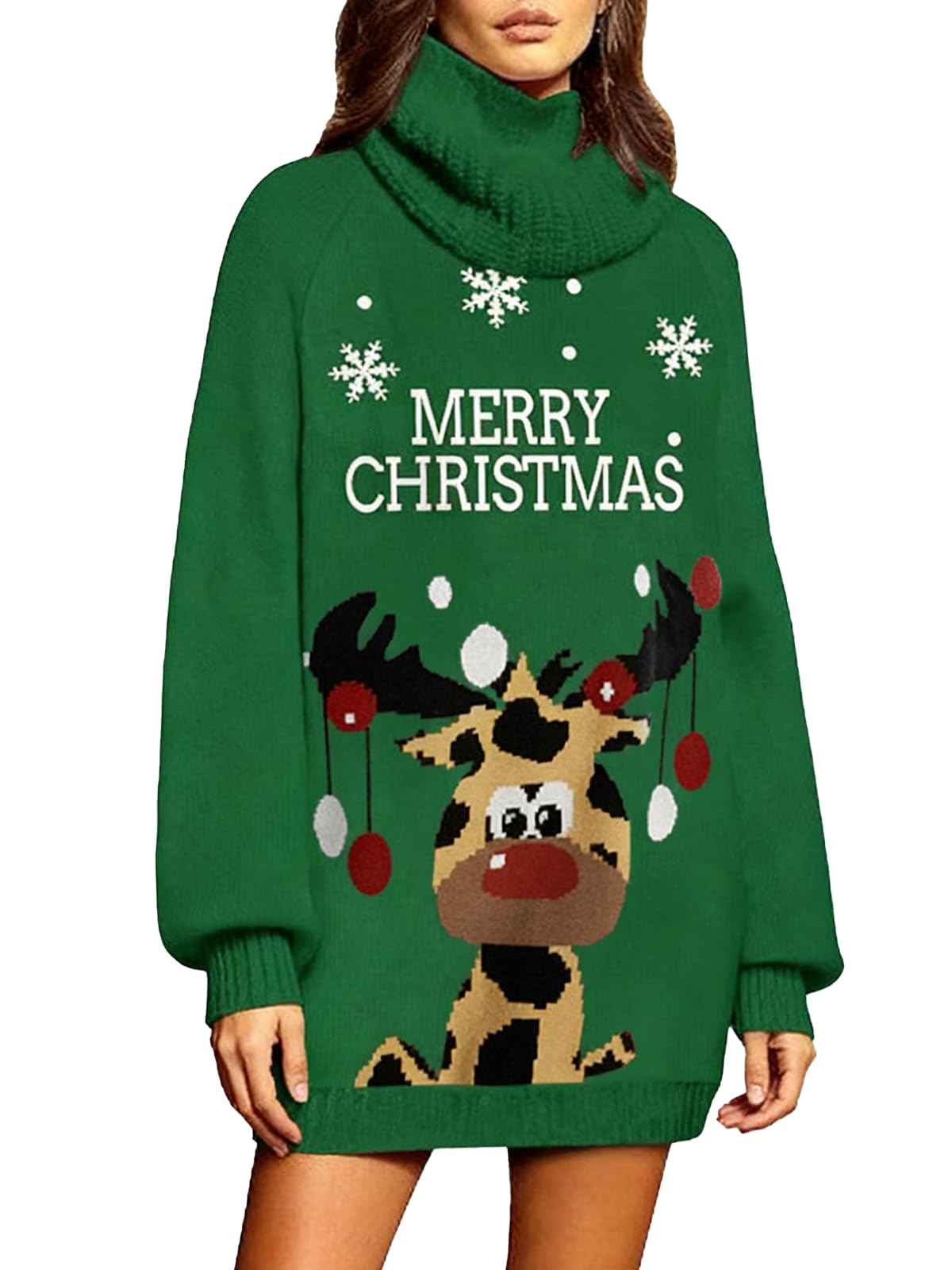 Saodimallsu dames gebreide jurk, oversized, met rolkraag, trui jurk, lange mouwen, effen, elegant, mini jurk, kerstjurk, met lantaarnmouwen, kerstmis, winterjurk, groen, XL