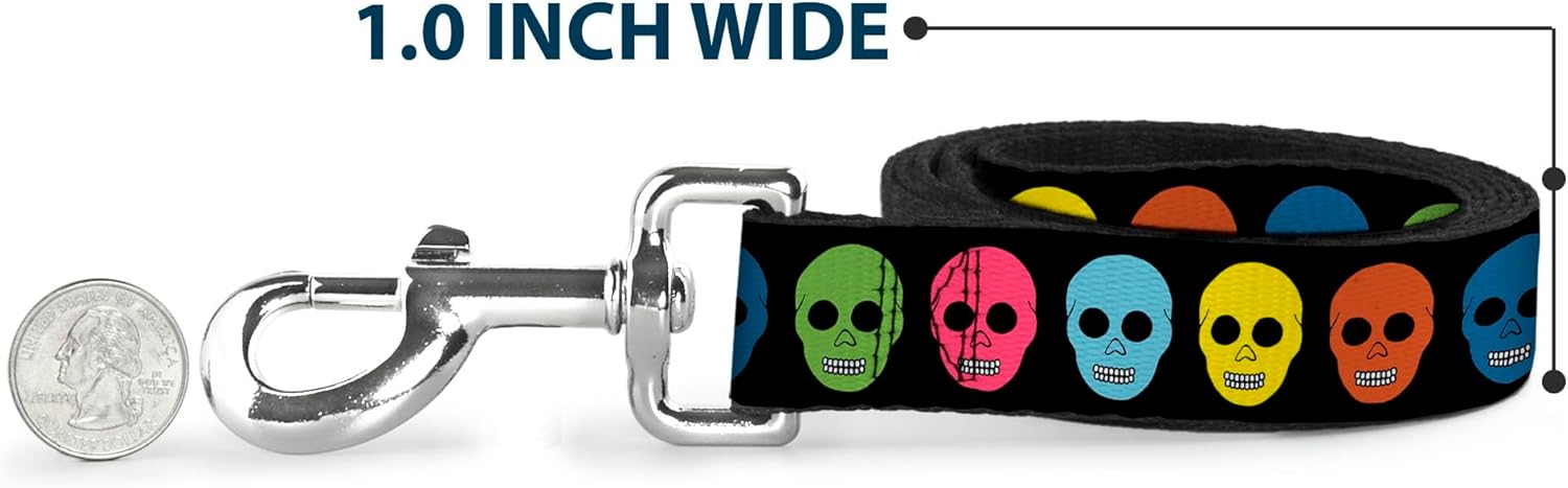 Dog Leash Skulls Black Multi Color 6 Feet Long 1.5 Inch Wide