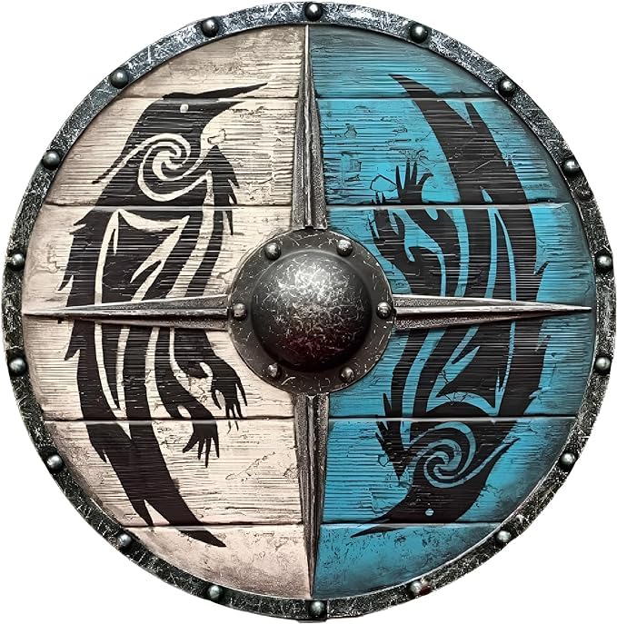 Handgemachter 24-Zoll-Hölzerner Eivor Valhalla Rabenschirm - Norwegischer Wikinger Wanddekoration Sturmschild - Wikinger Schwert und Schild, Mittelalterliche Kriegsspiele Zubehör