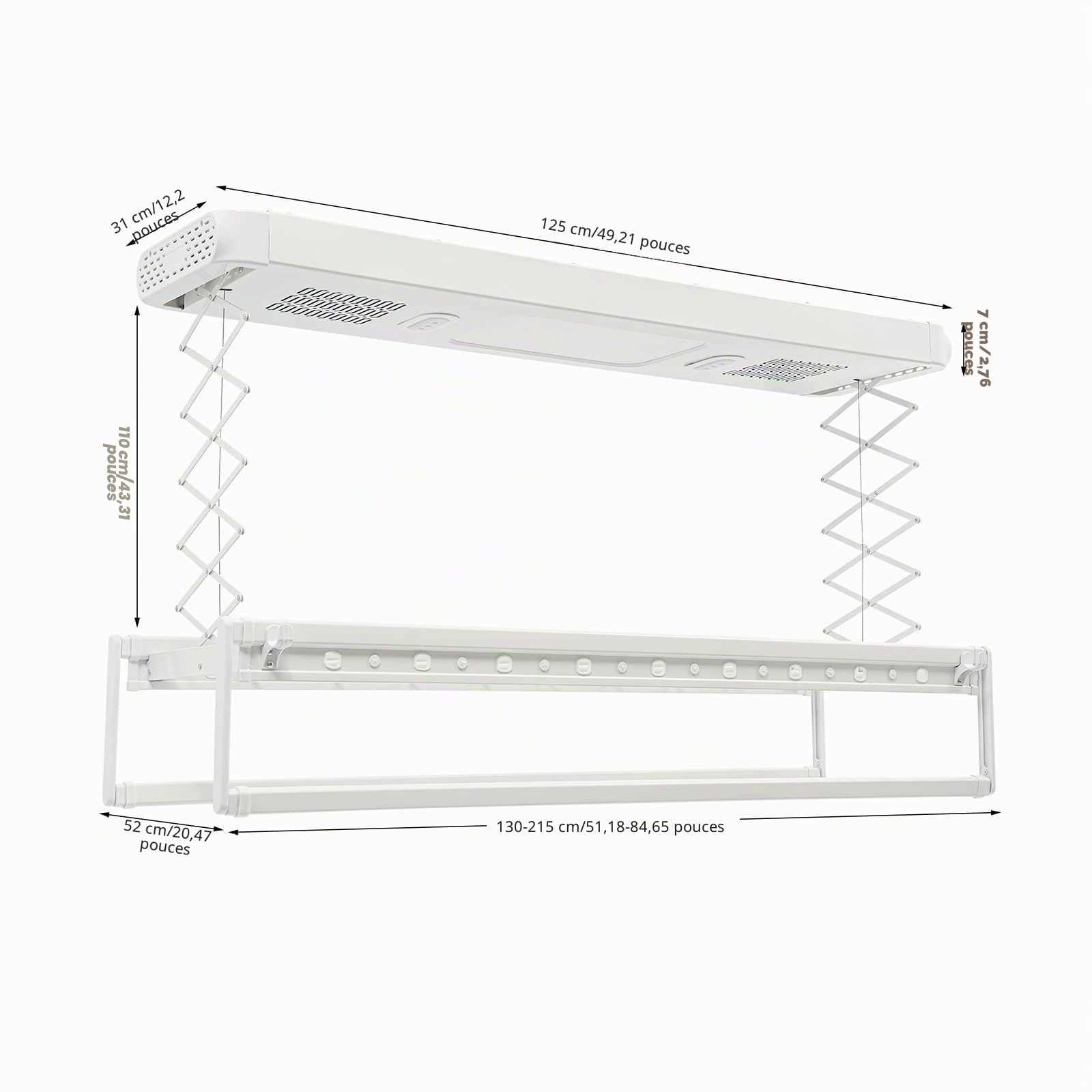 Séchoir à linge électrique pour montage au plafond, mural et au plafond avec ventilateur + télécommande + stérilisation à lumière bleue, étendoir à linge élévant, plafond, 130 à 215 cm, réglable