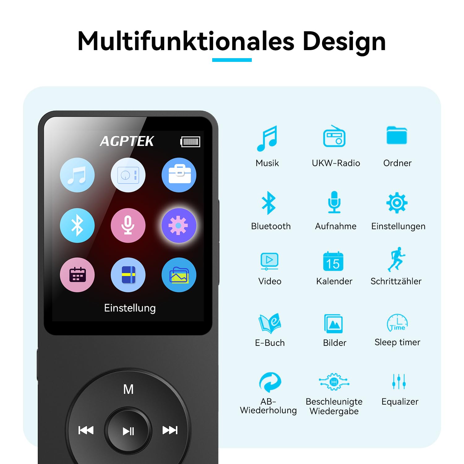 AGPTEK 64GB MP3 Player Bluetooth 5.3 mit Lautsprecher, 40 Stunden Akkulaufzeit Kleiner und klassischer Sport MP3 mit 1,8 Zoll Bildschirm, UKW-Radio (Ohne Kopfhörer), TF-Karte bis zu 128GB, Schwarz