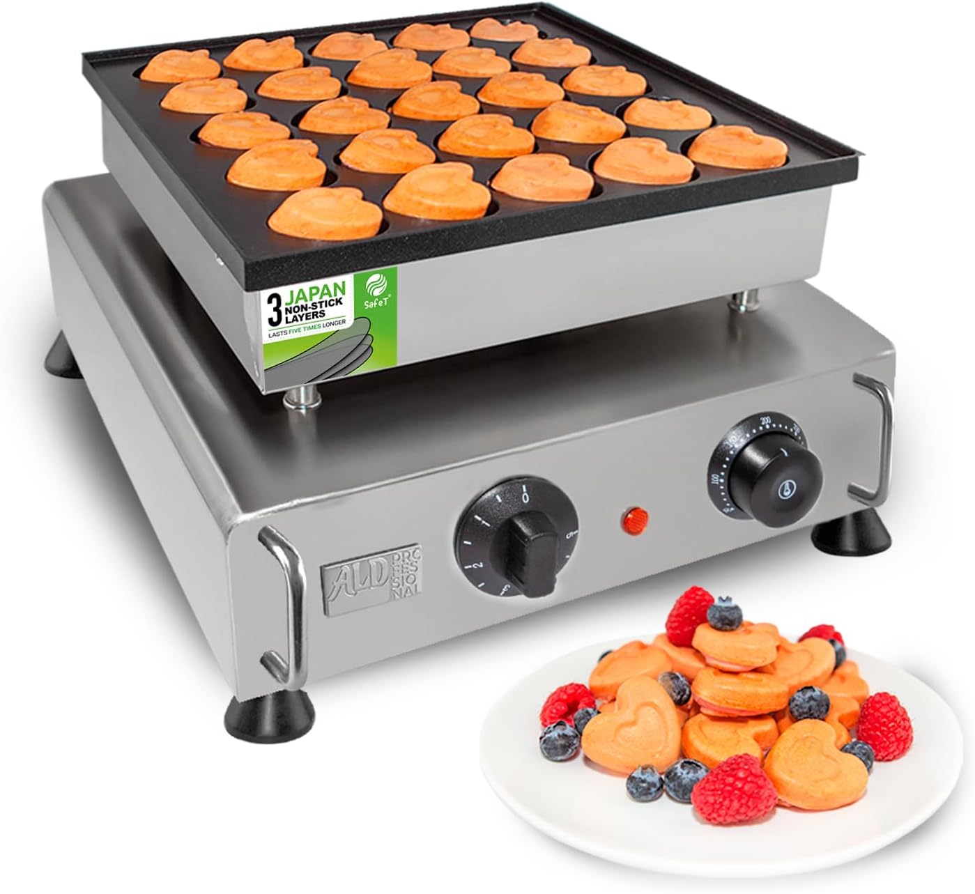 ALDKitchen Mini Dutch Pancake Maker | Poffertjes Iron | Nonstick | 110V (25 Mini Pancakes (Heart-Shaped))