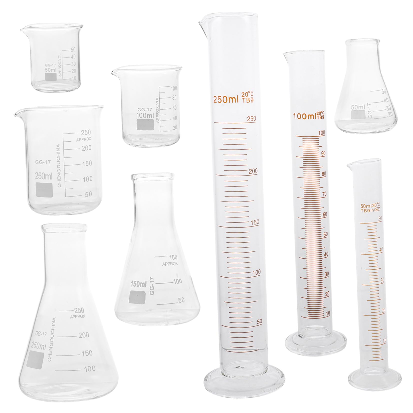 KICHOUSE Set di 9 Pezzi di Cilindri Graduati in Vetro Resistente alle Alte Temperature con Scala Facile da Leggere per Esperimenti di Laboratorio e Ricerca Scientifica