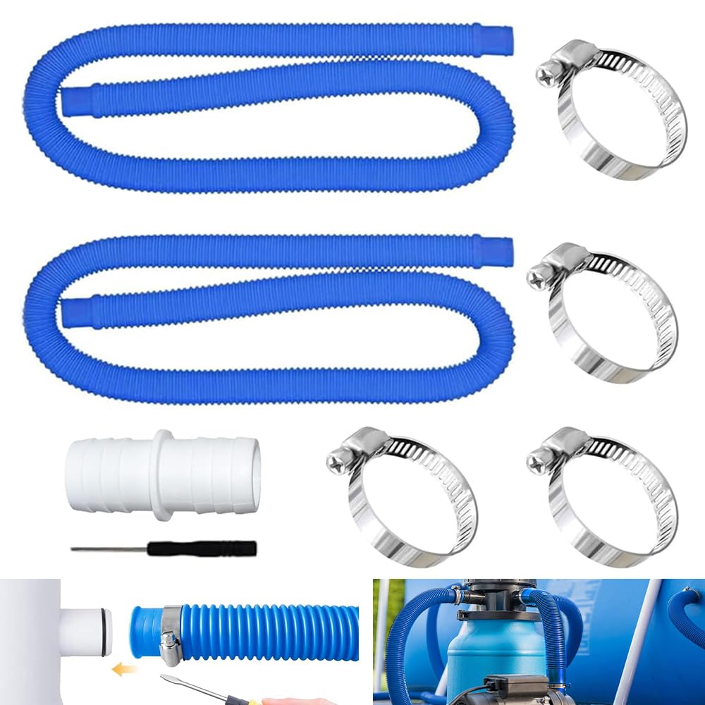 HuaMuDM Pack of 2 Pool Hose 32 mm with 4 Safety Clips and 1 Hose Connector, Pool Hose