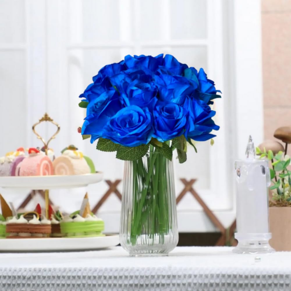 10 Pcs Artificial Roses, Blue Fake Roses Artificials Flowers, with Stems Fake Artificial Blue Rose Silk Flowers - Image 3