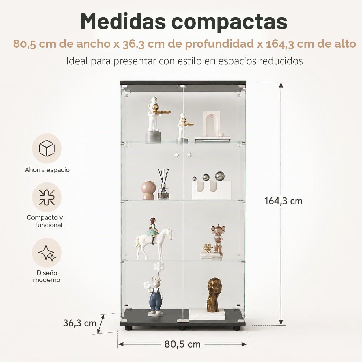 Vitrina de cristal con 4 estantes con puertas dobles, vidrio templado, armario Curio con cerradura, vitrina de colección, estantería de pie para sala de estar o dormitorio (negro sin luz)