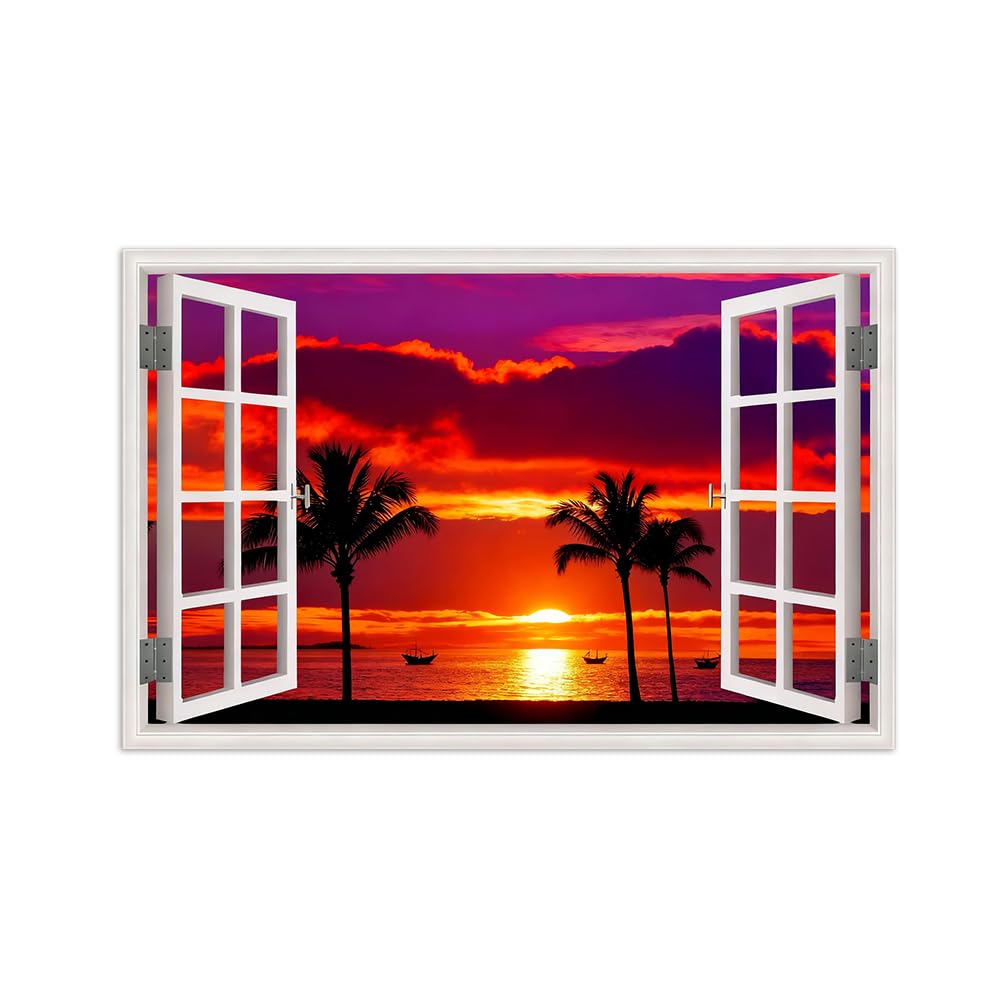 SDYSKKUG Fensterblick Landschaftsbilder. PalmenBaum Meer Sonnenuntergang. Natur Druck auf Leinwand. Leinwandbild für Wohnzimmer Wanddekoration 120x80cm Ungerahmt