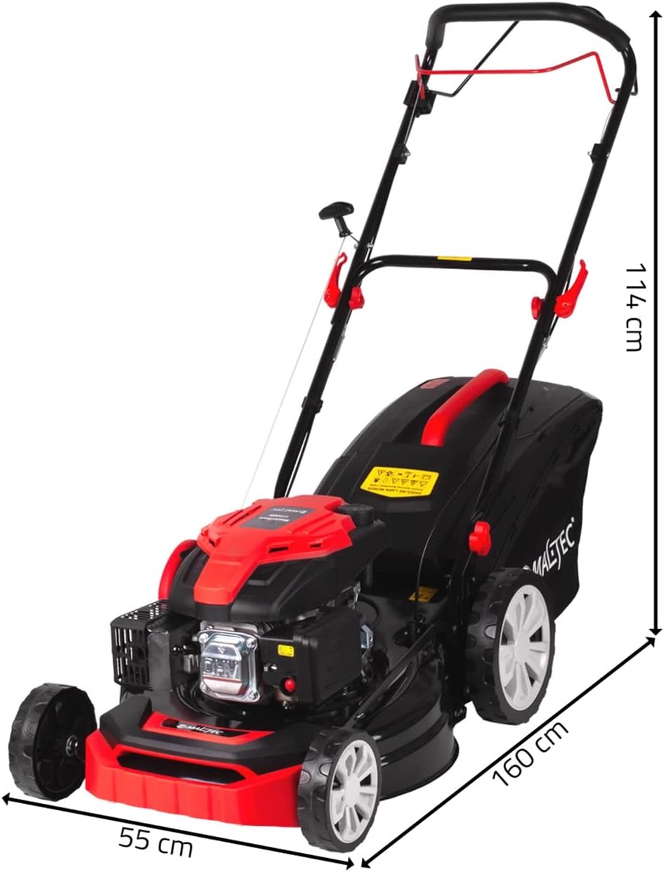 Dimensions of MalTec MasterBlade lawn mower: 160 cm length, 55 cm width, 114 cm height