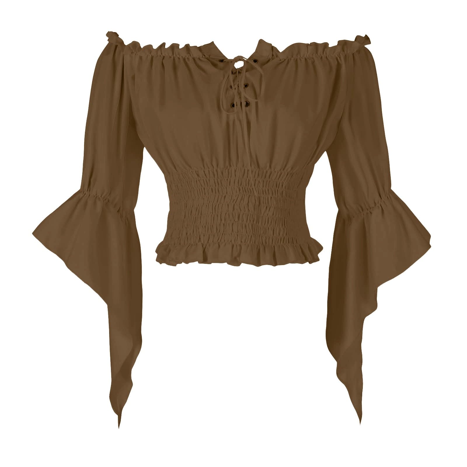 HAOLEI Women Victorian Tops Off Shoulder Ruffle Shirts Elastic Waist Medieval Costumes Renaissance Pirate Trumpet Long Sleeve Peasant Blouses Brown
