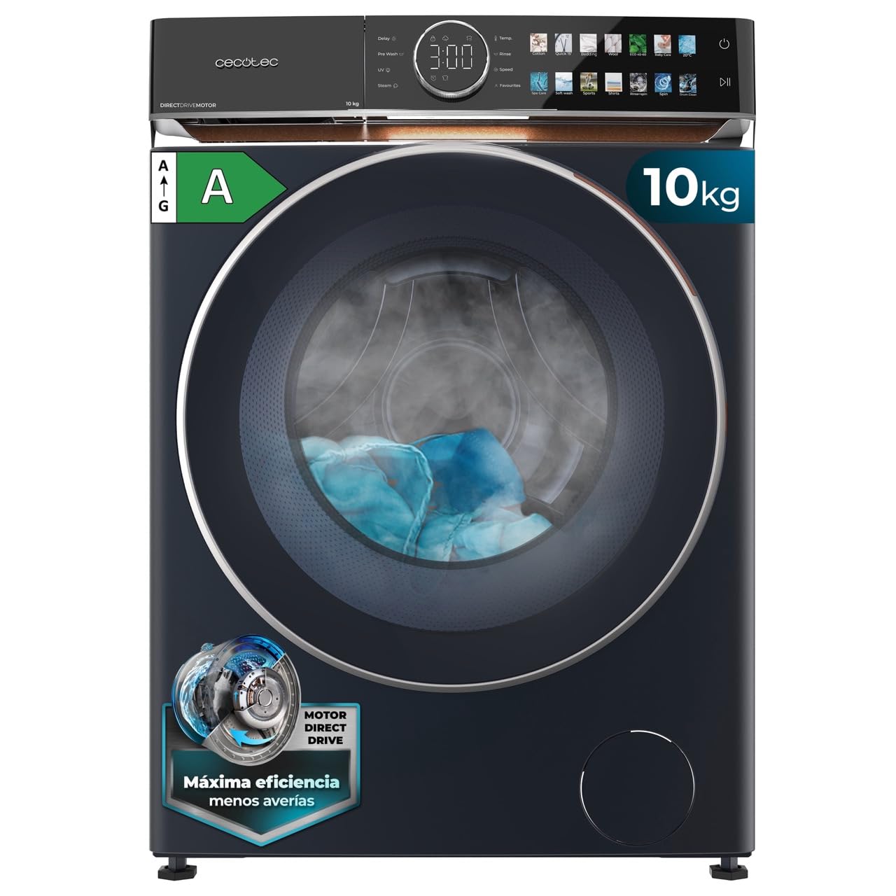 Cecotec Lavadora 10Kg Carga Frontal Bolero DressCode 10980 Direct Drive Blue A. 1400RPM, Motor Direct Drive, Bajo Consumo, Pantalla FullColor, Acabados Imitación Cuero, Puerta XXL y Vapor