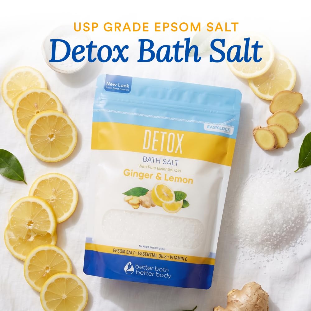 Sels de bain détox 907 ml de sel d'Epsom aux huiles essentielles naturelles de gingembre et de citron plus vitamine C dans un sac sans BPA avec fermeture éclair