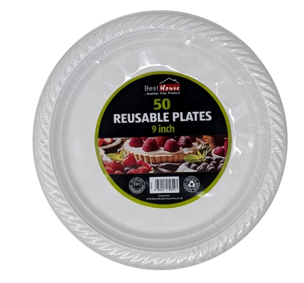Best House 9 inch Plastic Plates - Reusable, Lightweight, White - Microwave & Dishwasher Safe - Lunch & Dinner Plates for Catering, Events, Parties & Everyday Use (Pack of 100)